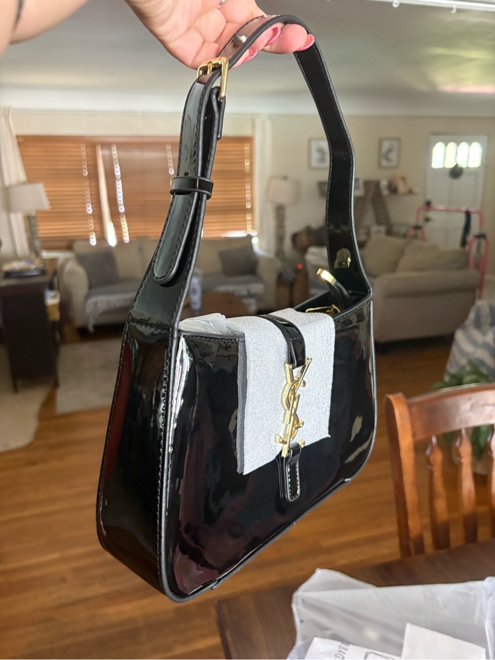 Black Patent Shoulder Bag with Gold